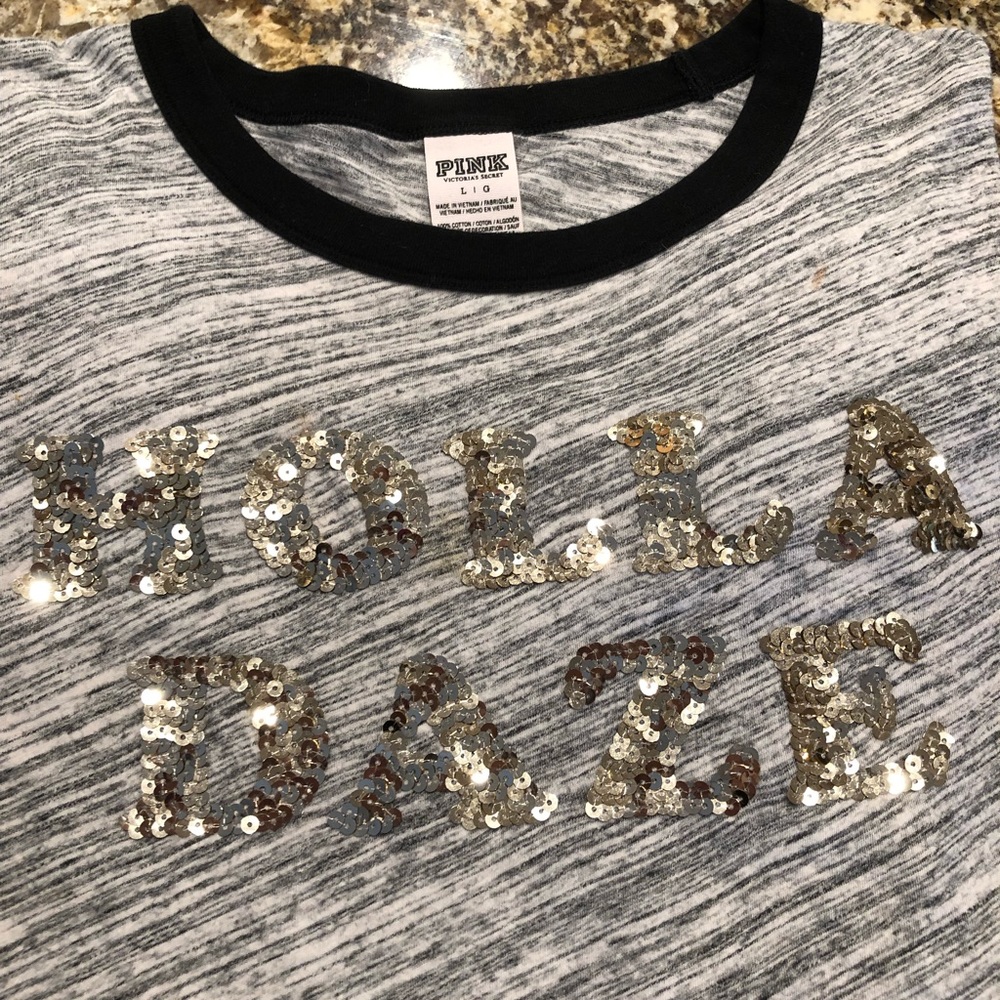 PINK by Victoria’s Secret T Shirt “Holla Daze” Gray W Black Trim Gold Sequins L